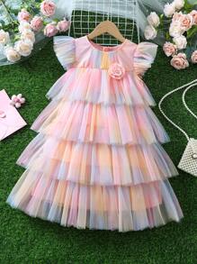 年轻女孩休闲网眼拼布 3D 花卉装饰迷你连衣裙 - 彩色 - 查看 1