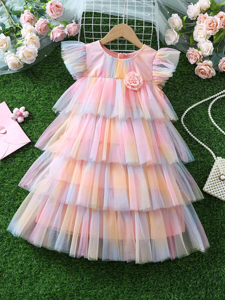 年轻女孩休闲网眼拼布 3D 花卉装饰迷你连衣裙 - 彩色 - 查看 1