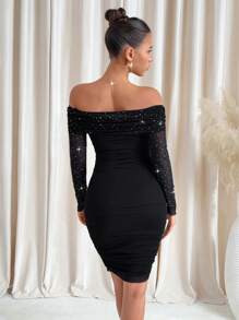 SHEIN Clasi Women's Off Shoulder Long Sleeve Fitted Glitter Rhinestone Dress, New Year Valentines Clothes - Black - View 2