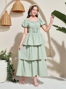 SHEIN Teen Girls' Green Elegant Luxurious Square Collar Ruffle Lightweight Party Princess Cake Tulle Layered Long Dress, Suitable For Spring/Summer, Elegant/Vintage, Vacation, Wedding Season, Princess Girls Dress, Valentine's Day/Easter - Green - View 6