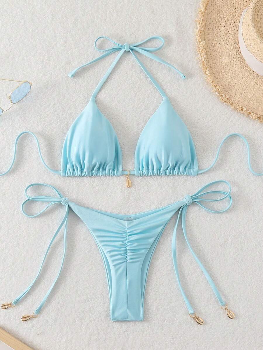 SHEIN Swim Costume da bagno bikini da donna con laccio alla nuca e colori tinta unita, sexy - celeste - Visualizzare 1