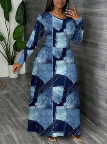 Slaydiva 休闲简约全印花牛仔效果长袖连衣裙，适合大码女士，秋冬 - 彩色 - 查看 5