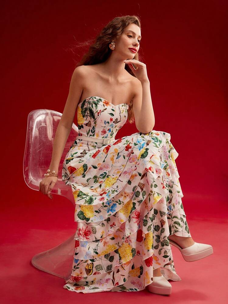 FLORAL PRINT LAYERED HEM TUBE DRESS,SPRING/SUMMER