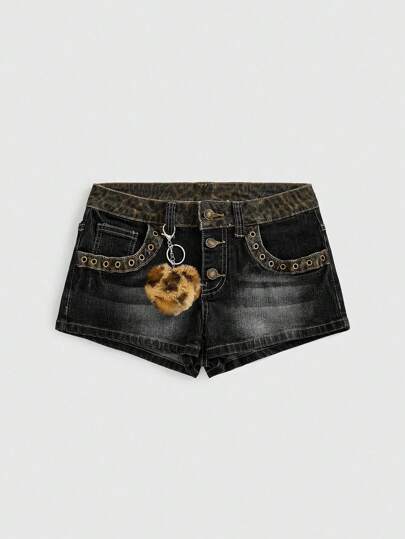 Grunge Punk Vintage Y2K Sexy Super Low Waist Leopard Print Patchwork Distressed Street Snap Chain Heart Leopard Print Women Denim Shorts