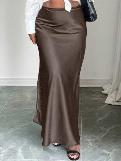 SHEIN Clasi Plus Size Women Regular Length Solid Color Elegant Satin Skirt Fall Cloth For Women