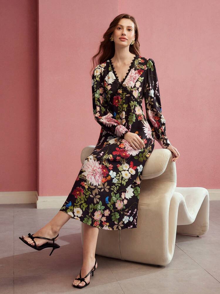 CONTRAST LACE FLORAL PRINT DRESS,SPRING/SUMMER