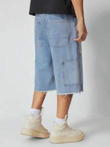 ROMWE MEN Men's Front Button Pocket Raw Hem Casual Simple Denim Shorts - Blue - View 6