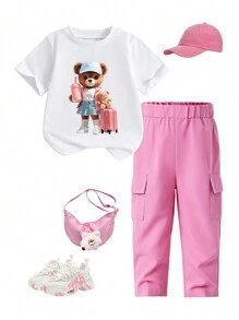 Conjunto de camiseta de manga corta de cuello redondo con estampado de leopardo y labios + pantalones largos a juego, estilo casual y elegante para niñas, adecuado para el verano