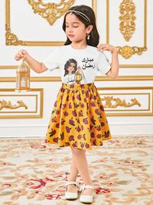 SHEIN Lässiges Zweiteiler Set für Kleine Mädchen - T-Shirt mit rundem Ausschnitt und Cartoon Mädchen Motiv, Kurzarm + Rock mit Rüschensaum und Rosen Blumen Muster, Frühling/Sommer - Gelb - Übersicht 6