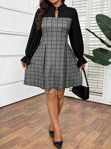 SHEIN Frenchy Plus Size Women Elegant Ruffles Sleeve Plaid Modest Dresses Tita Outfit Patchwork Midi Dress - Black - View 5