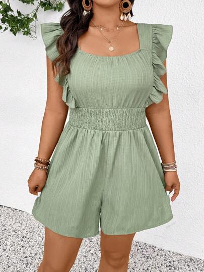 SHEIN Frenchy Plus Size Women Solid Color Romper With Cap Sleeves And Waisted Drawstring