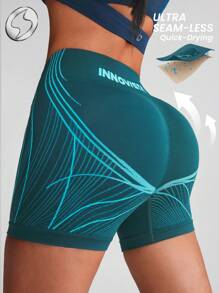 Innovista 女士无缝运动紧身短裤，透气高弹速干健身裤。高腰收腹压缩健身服，动态印花塑身衣，前卫独特的健身运动服，塑身高性能裤，适合骑行、自行车、跑步、有氧运动、力量训练、普拉提、拳击、户外、徒步、露营、越野跑、瑜伽、排球、攀岩、音乐节、派对、电动、底层、绿色、Y3K、秋季、情人节、中腰 - 綠色 - 查看 3