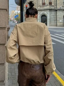 DAZY 女士纯色宽松长袖拉链休闲度假夏季夹克、秋装 - 卡其色 - 查看 2