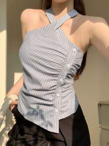 DAZY Camiseta de tirantes de mujer acanalada y fruncida para el verano - Azul - Ver 6
