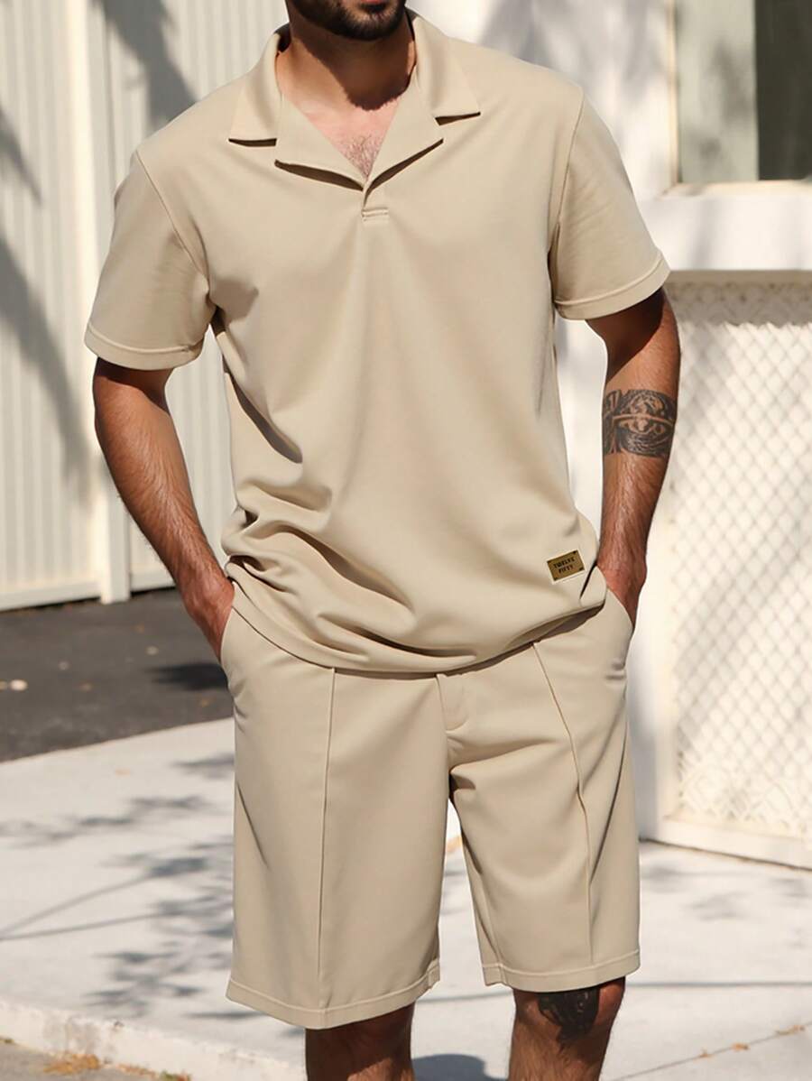 Manfinity Homme 大码男士纯色 Polo 衫和短裤套装，简约设计，舒适穿搭