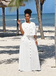 SHEIN Slayr Bộ 2 món áo thun jacquard hở túi ngày lễ cỡ lớn cho nữ và chân váy dài - trắng - Xem 3