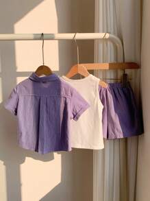 3pcs/Set Young Boy Solid Color Collar Short Sleeve Shirt, Letter Print Knit Soft Round Neck Tank Top And Elastic Waist Shorts - Purple - View 2