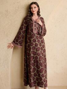 Al Najma Spring & Summer Women's Arabic Style Dress With Trumpet Sleeves, Collar And Sleeve Cuffs Pleated Ruffle,Modest - Multicolor - View 4