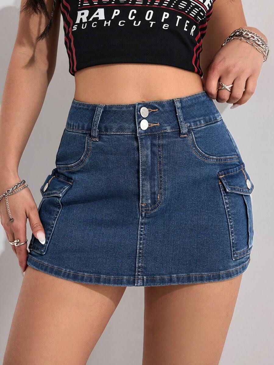 SHEIN EZwear Women's Casual Washed Denim Cargo Mini Skirt Shorts - Medium Wash - View 1