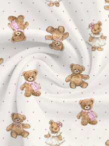 Sweetina Casual Simple Cartoon Bear Print Lace Trim Neck Tie Patchwork Blouse