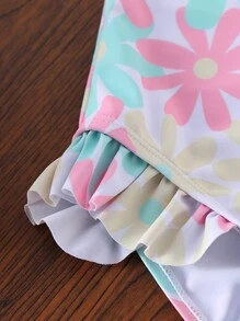 Young Girl' Cute Floral Print Print Ruffle  One-Piece Swimsuit, Beach Outfit Summer Holiday - Multicolor - View 6