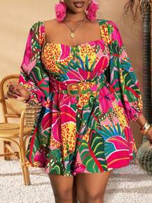 Slaydiva 大码女式热带花卉印花露肩连体裤，度假风格