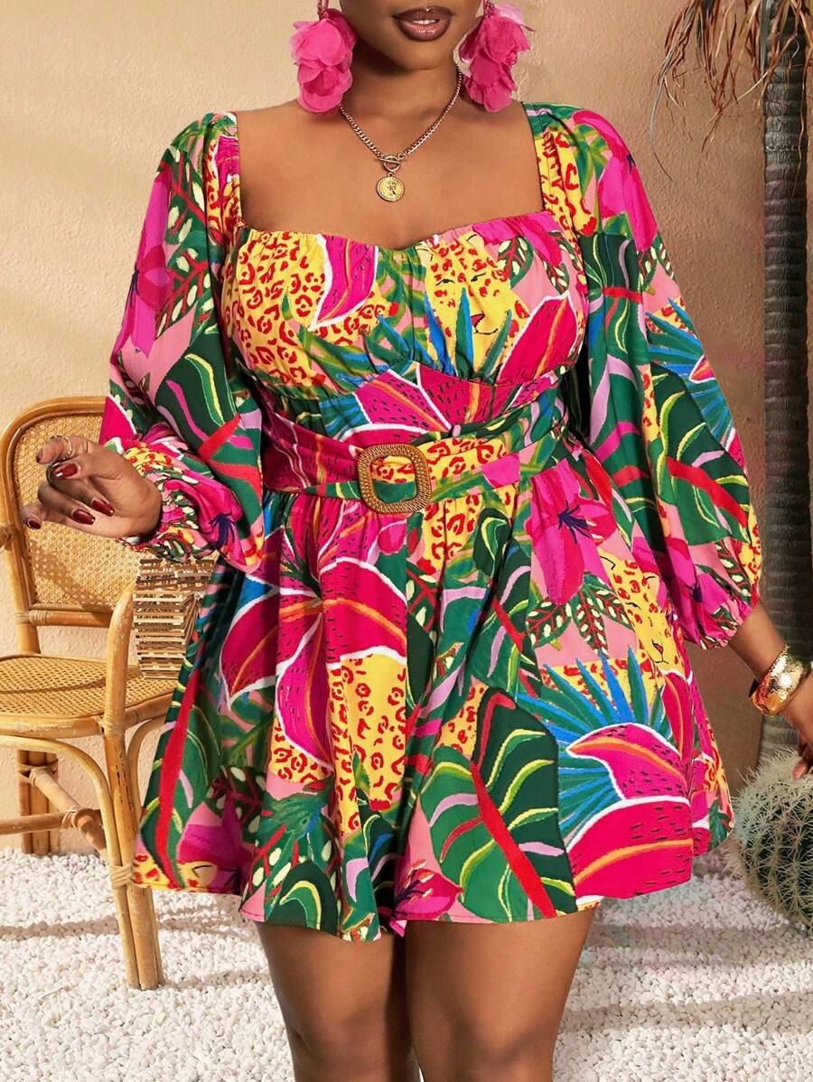 Slaydiva 大码女式热带花卉印花露肩连体裤，度假风格