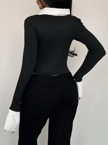 INAWLY 女士春夏条纹长袖修身衬衫女士衬衫 - 黃色 - 查看 2