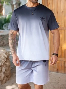 ResortEase Plus Size Men Gradient Palm Tree Print Short Sleeve T-Shirt And Shorts Set