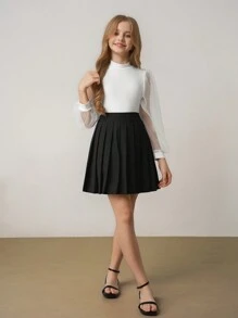 SHEIN Elladie kids 青少年女孩简约高腰 A 字迷你百褶裙，适合日常休闲装、校园风格、夏季、返校装、早春装 - 黑色 - 查看 4