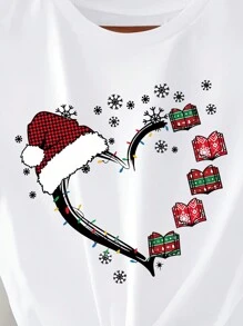 Chiquease Camiseta gráfica casual de cuello redondo de manga corta con estampado de sombrero de Navidad y copos de nieve para mujer
