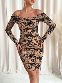 SHEIN Clasi Black Velvet Burnout Off Shoulder Ruched Long Sleeve Fitted Mid-Length Women Dress Dresses For Women Elegant Sexy Dresses For Women