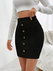 EURMUSE Casual Texture Knit Mini Sweater Skirt With Button - Black - View 5