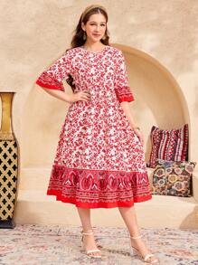 SHEIN 少女编织中国风复古印花直筒连衣裙 - 粉色 - 查看 5