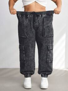 SHEIN CURVE+ Poket Bertali Depan Wanita Saiz Besar Seluar Jeans Kasual Mudah, Pakaian Wanita Musim Gugur - Hitam - Lihat 1