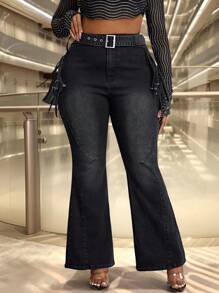 Slaydiva Plus Size Denim High Stretch Fringe Trim Flared Pants - Black - View 6