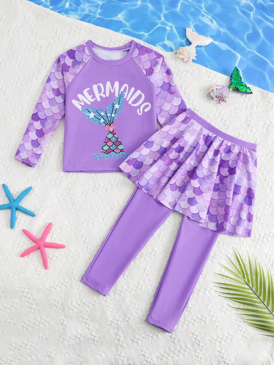 Young Girl 2pcs/Set Fish Scale Print Raglan Long Sleeve Top And Patchwork Skirt With Leggings Tankini Swimwear - Multicolor - View 1