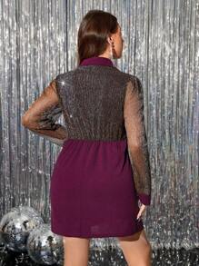 SHEIN Clasi 大码女式休闲 V 领长袖二合一拼接紧身迷你连衣裙凉爽连衣裙减压服装优雅晚礼服时尚休闲连衣裙 - 酒紅色 - 查看 2