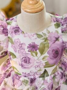 SHEIN Young Girl Chiffon Ditsy Floral V-Neck Puff Sleeve Hollow Out Bow Back Decor Party Dress