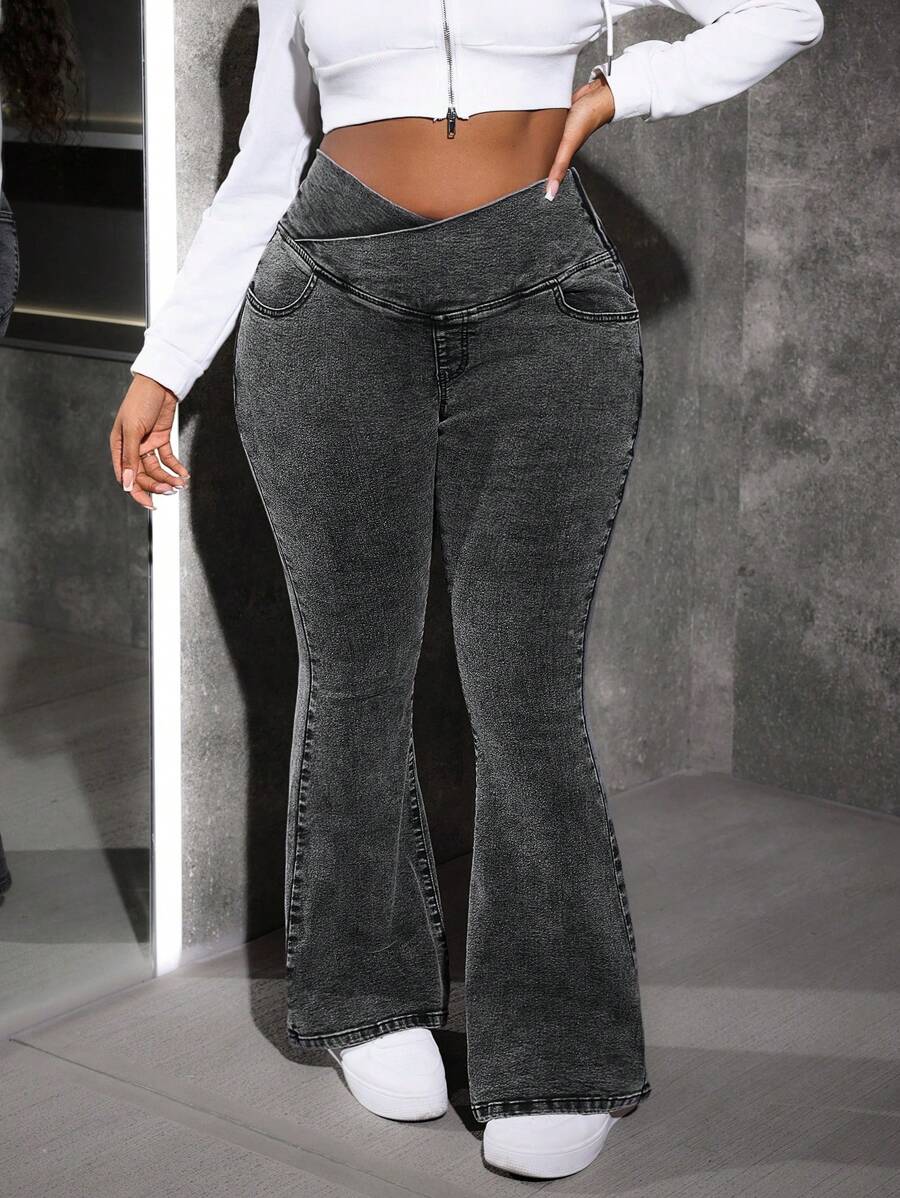 SHEIN EZwear 大码弹力牛仔喇叭牛仔裤，休闲高腰蓝色