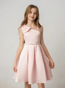 Tween Girl Sleeveless Bow Accent Gathered Waist A-Line Elegant Minimalist Wedding Flower Girl & Bridesmaid Dress With Pearl Belt - Pink - View 3
