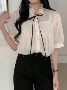DAZY 优雅办公室女式短袖花卉V领褶皱衬衫，夏季 - 米色 - 查看 4