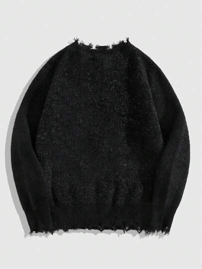 Grunge Punk Men's Casual Bird Jacquard Distressed Knit Pullover Sweater, Autumn/Winter