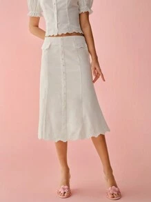 Enchnt Falda de lino con bordado de ola en el bajo, unicolor, romántica y elegante para mujer, ideal para vacaciones, citas dulces, uso diario y vacaciones