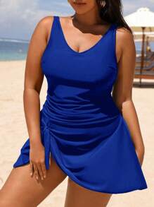 Swim Lushoire Summer Plus Size Solid Color Sleeveless Minimalist One-Piece Swimsuit - Royal Blue - View 5