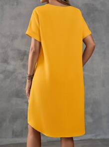 EMERY ROSE 女士纯色短袖连衣裙，简约时尚休闲日常穿着 - 黃色 - 查看 2