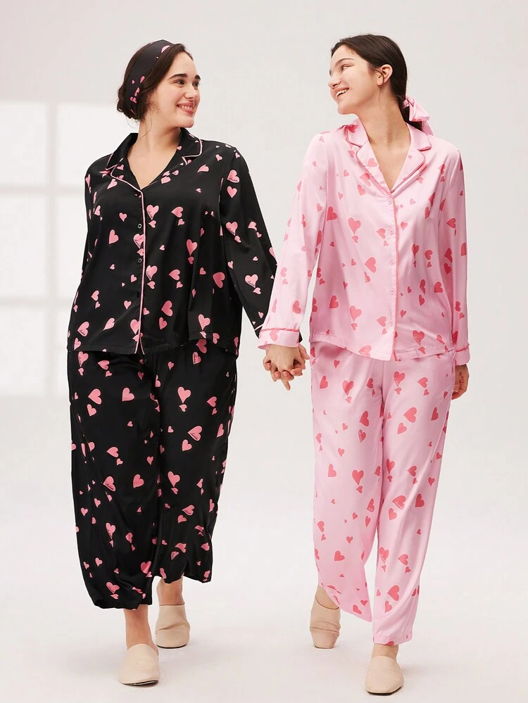 Satin Heart Print Button-Up PJ Set