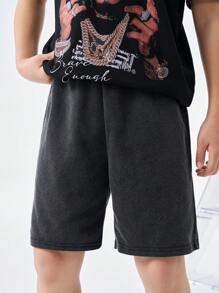 SHEIN Teenager Drawstring Waist Solid Color Fashionable Casual Shorts, School - Black - View 5