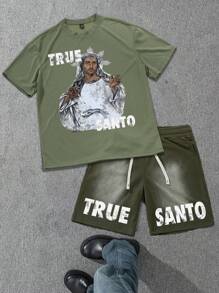 Manfinity Roughcore Conjunto de camiseta de manga corta con estampado oversize de personajes mitológicos masculinos e shorts con estampado por inyección para jóvenes, estilo urbano - Verde militar - Ver 2
