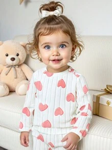 SHEIN Toddler Girls Heart Print Top And Pants Set, Round Neck Long Sleeve, Minimalist - White - View 1